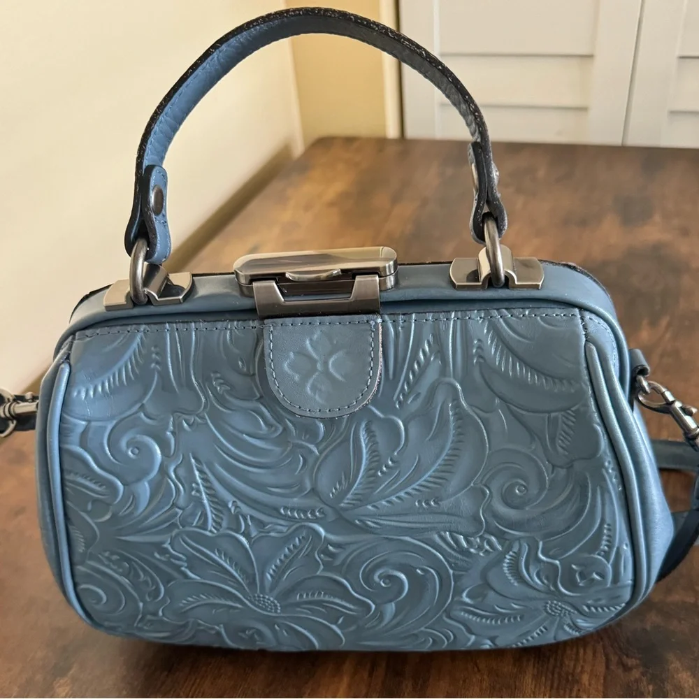 Patricia Nash Embossed Floral Leather Crossbody in Dusty Blue